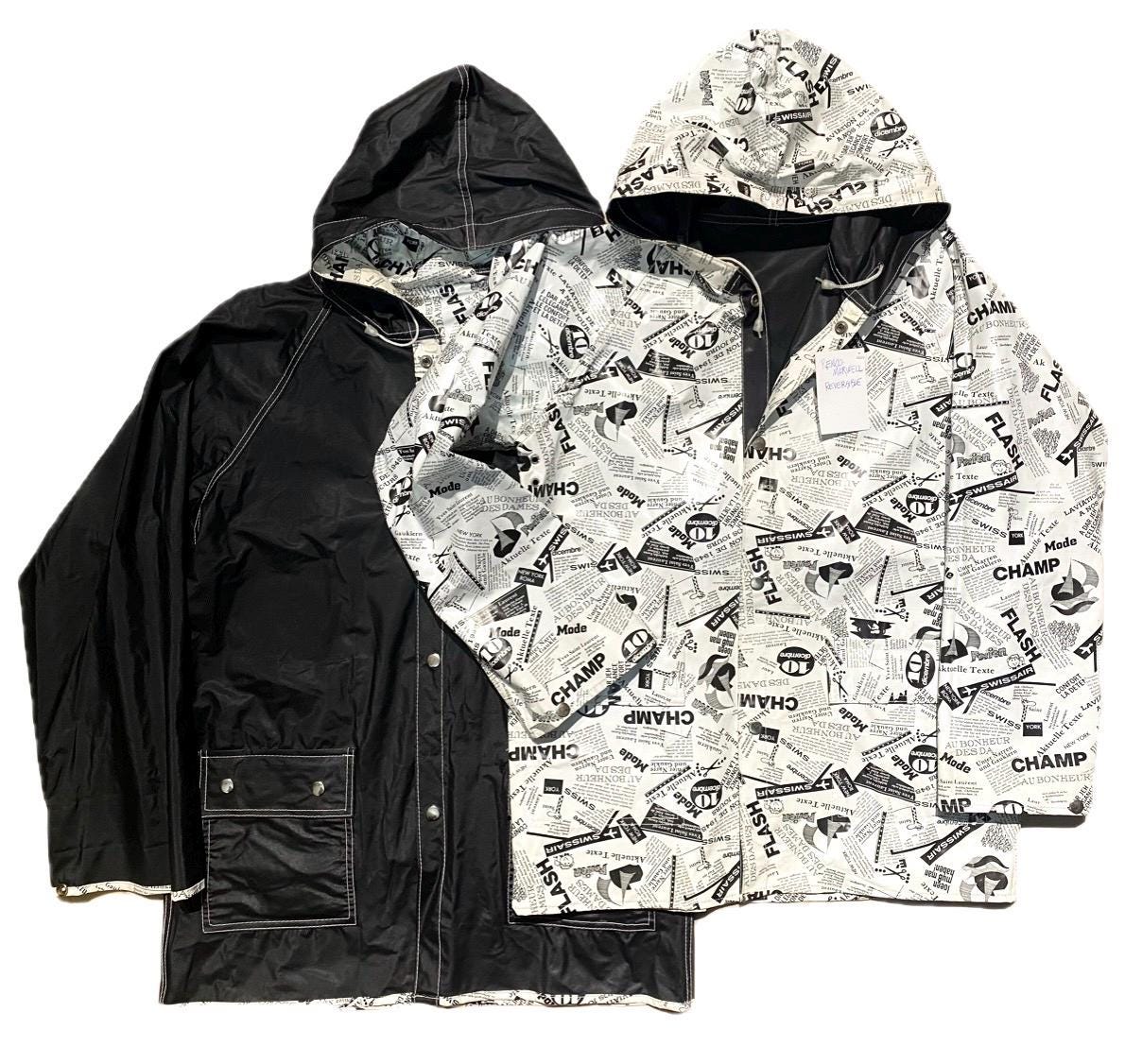 Renco Marwell Hooded Reversible Rain Jacket, Black Nylon & B/w
