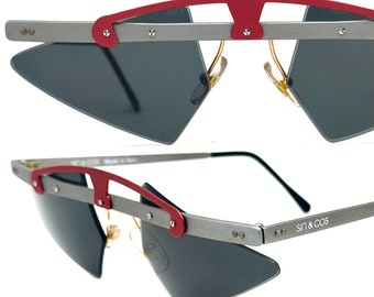 Sin&Cos edgy silver metal sunglasses with metallized red upper bridge, eye catching avant garde design, NOS 90s
