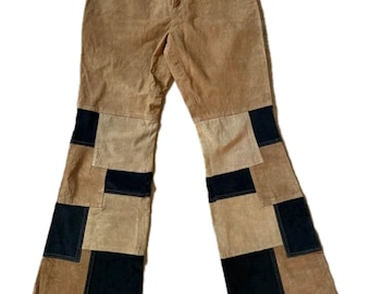 Real leather patchwork beige/brown squares bootcut trousers, w satin lining. Sz S - 40