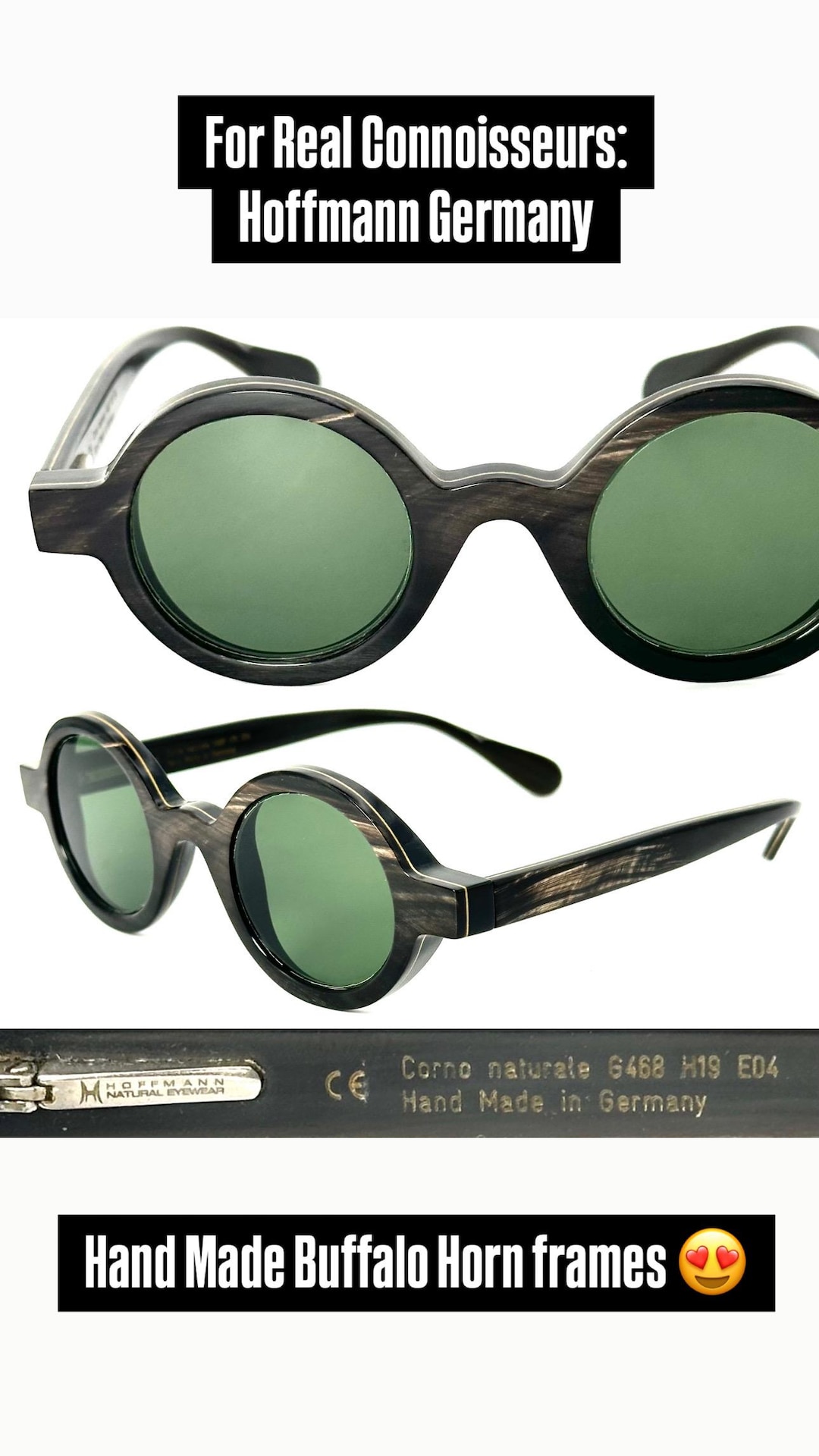 Hoffmann Amalia Hand Made Round Buffalo Horn Sunglasses Fitted W