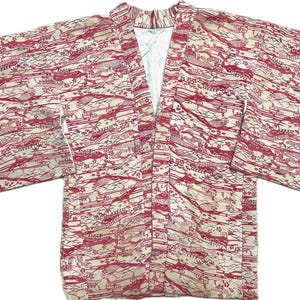 Traditional Japanese cream color kimono w iconic red tones print,  pure silk, 1950s circa, great cond.