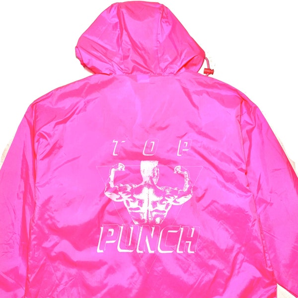 Top Punch faltbare neon pinke Regenjacke mit großem Rücken Bodybuilder Print, NOS 80s mint