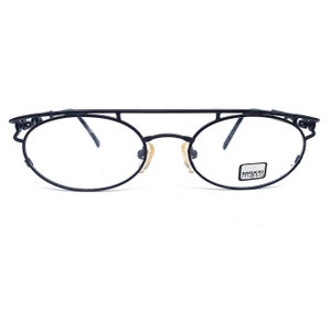 Moxxi Mato by Visibilia vintage black steampunk oval metallic eyeglasses frames with special flat browline NOS 1970s