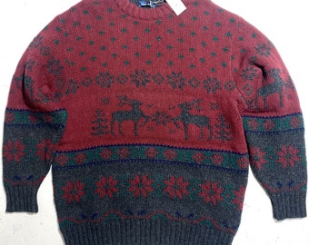 Roberto Collina burgundy wool knitted Christmas sweater, deers & snowflakes, 90s NOS with tags