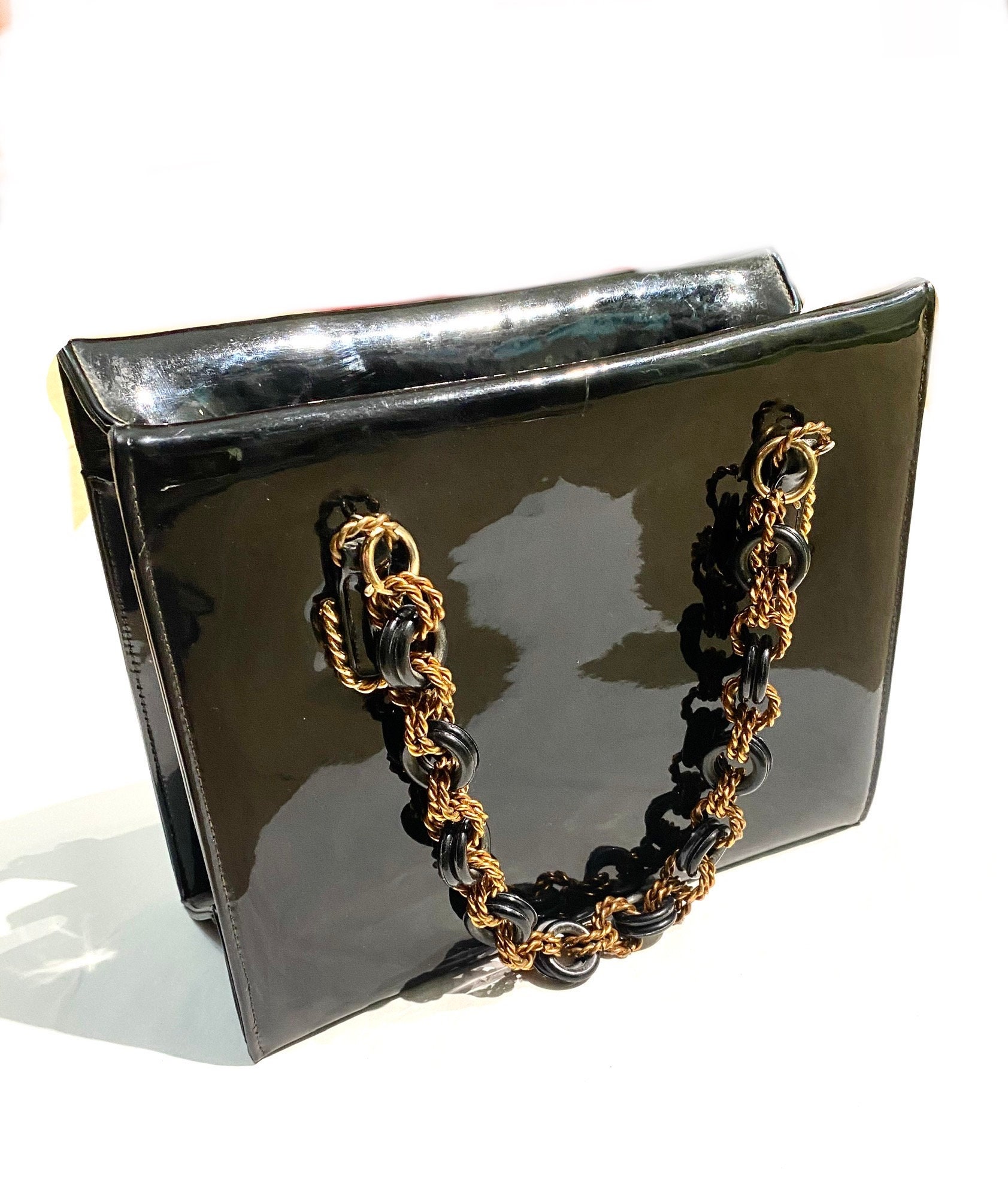 Lester Bag NY 50s Black Patent Bag W Sculpted Brass Closure Lester Bag NY 50s Black Patent Bag W Sculpted Brass Closure
