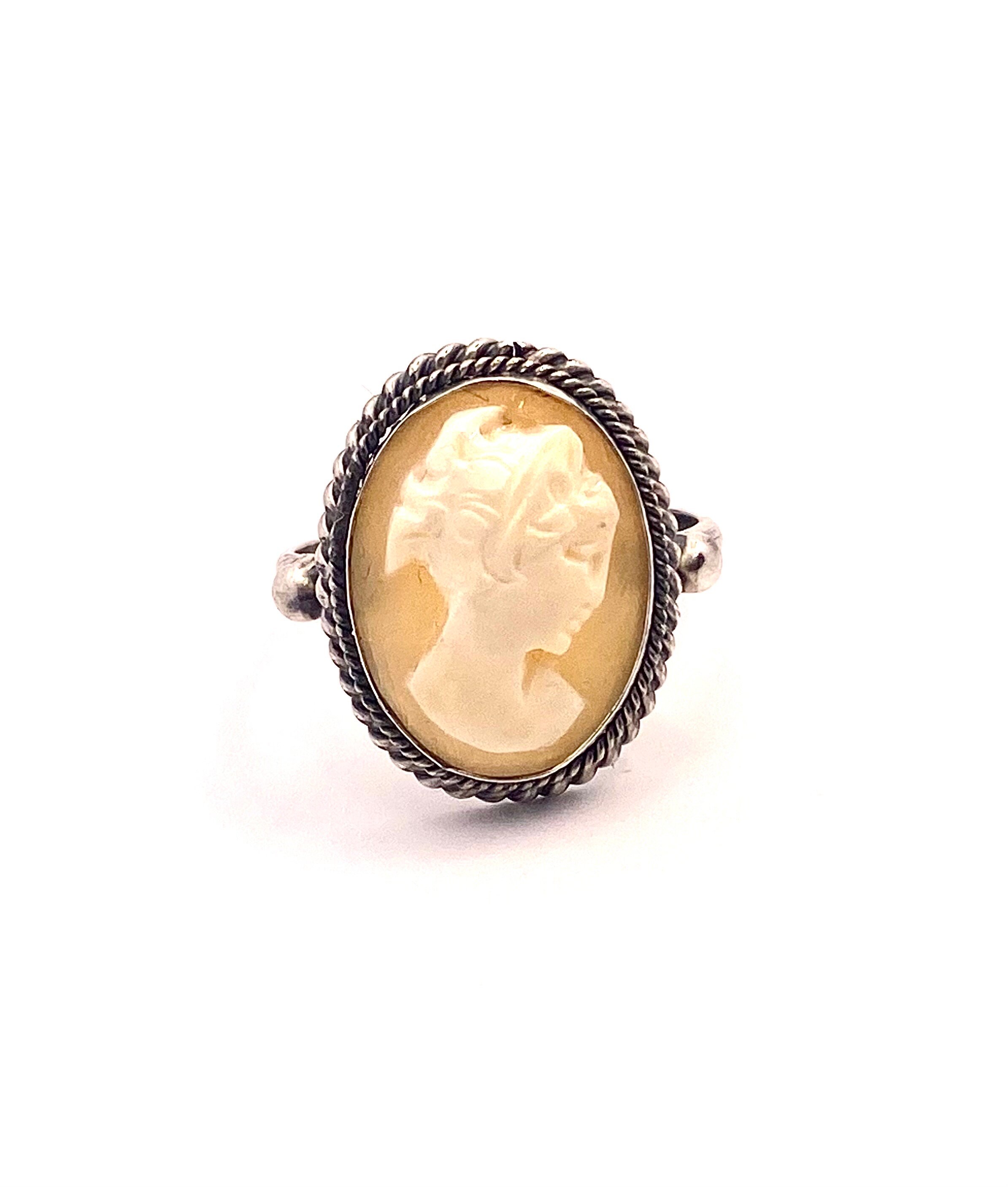 Bague Ancienne Camée Coquillage Sur Argent Massif 925 - Taille 54.5, Occasion