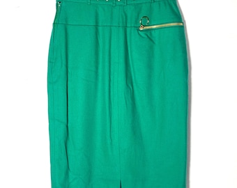 Ferrè Oaks Vintage Green Wool Skirt With Golden Cutoff Studs and