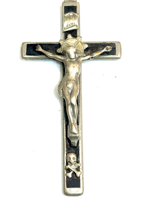 Antique artisanal crucifix in ebony and brass w sk