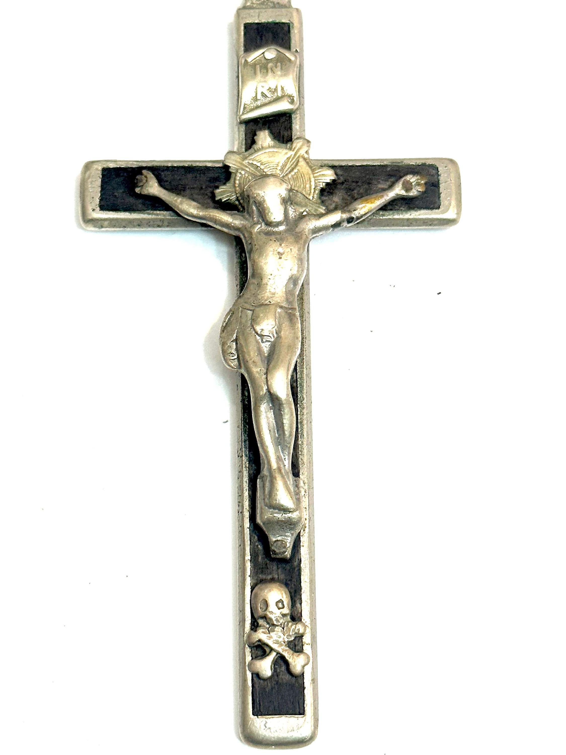 Antique Artisanal Crucifix in Ebony and Brass W Skull & Heart