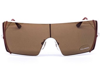 Krizia KM2 minimalist squared shield sunglasses in white & brown enameled metal, NOS 80s