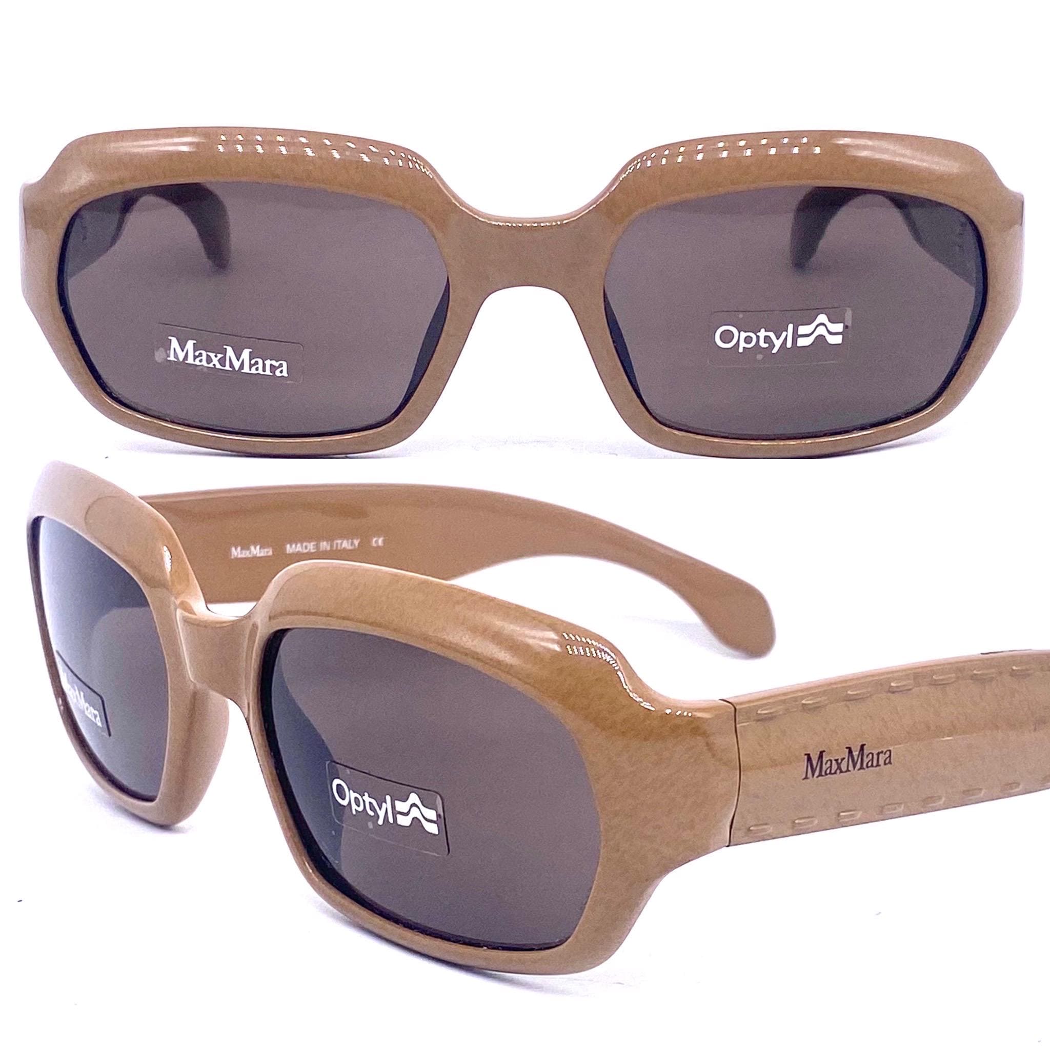 MaxMaraサングラス美品ヴィンテージ Maxmara Fancy Beige Thick Square Optyl Sunglasses, Temples W