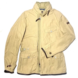 Armani Jeans beige cotton canvas spring jacket w leather details, retro biker style, mint sz S