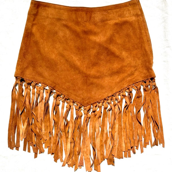 Tidak 80s tan suede leather skirt w fringes handmade in Bali, sz M mint