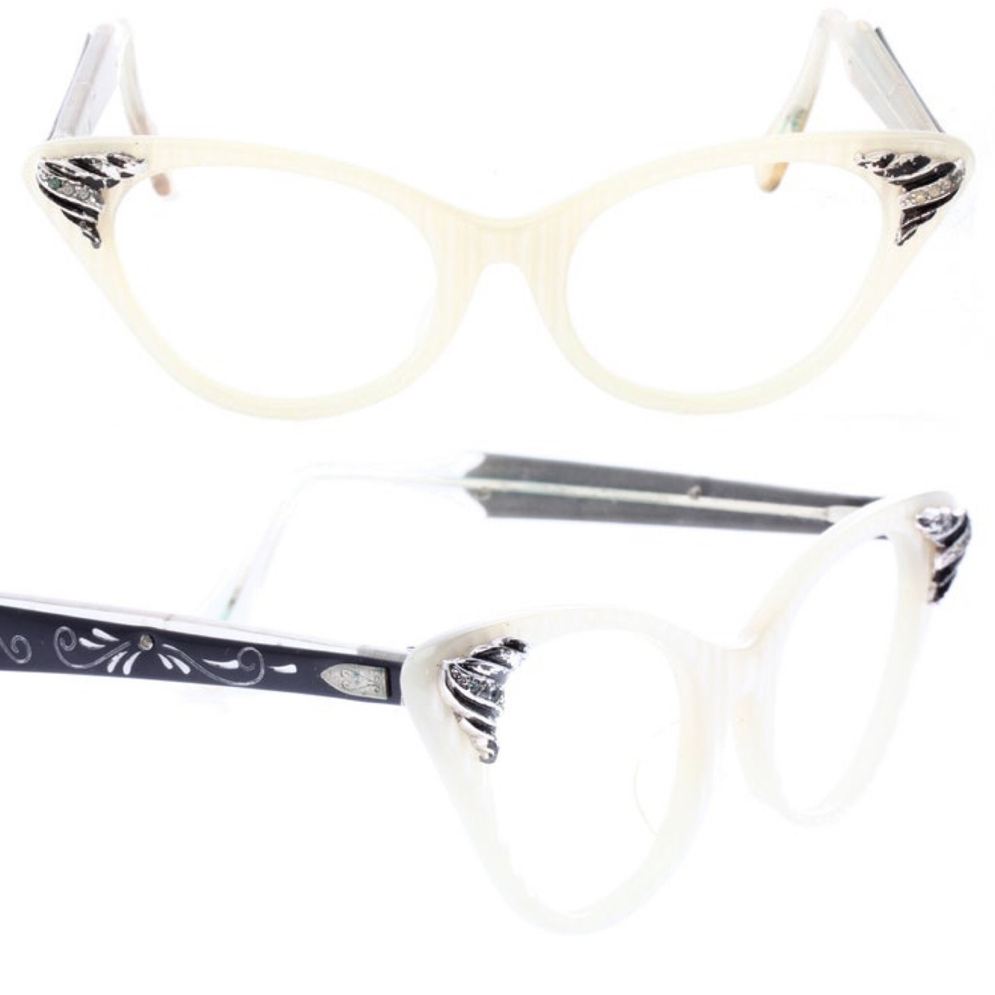 1950s Jeweled Pin-up Cateye Glasses in Striped Pearl White W  display picture 3
