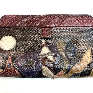 Schlangenhaut Patchwork Portemonnaie, Venezianische Maske & Skyline Design, Magnetverschluss, NOS 80s Italien
