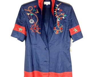 My Gallery 80s yachting style ladies linen blazer with mariner themed embroideries, new with tags