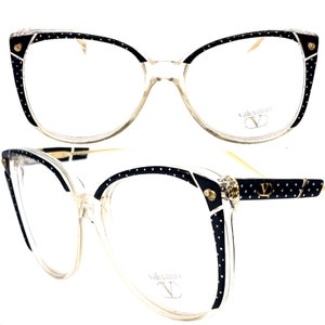 Valentino cool clear/black polka dot oversized ladies eyeglasses frames hand made in Italy, 80s NOS
