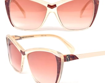 Óculos de sol YSL Saint Laurent 8706 fabricados na França, modelo oversized em pérola marmorizada e marrom texturizado, modelo NOS dos anos 80.