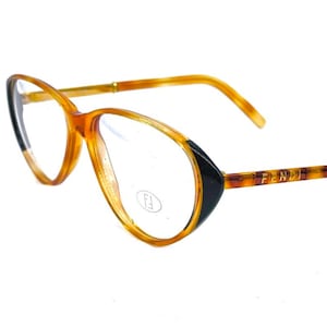 Fendi gorgeous demi blonde cello oval cateye frames w matching enameled metal temples embossed w branding, 80s NOS Italy