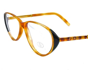 Fendi gorgeous demi blonde cello oval cateye frames w matching enameled metal temples embossed w branding, 80s NOS Italy