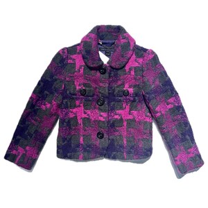 May include: A pink and grey patterned wool jacket with a collar and button fastening. The jacket has two pockets on the front and a small chain detail on the collar.