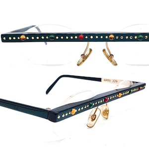 Arto montature per occhiali ovali senza montatura con una bellissima linea sopraccigliare piatta decorata con gemme colorate, anni '80 nos