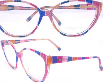 Tom Ferra colorful translucent cateye glasses w real striped silk fabric inlaid, NOS 80s Germany