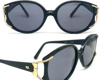 Gafas de sol negras extragrandes y elegantes de Nina Ricci con detalles dorados, NOS 90s Francia