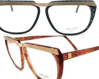 Enrica Massei modern square glasses in black or honey sparks w golden browline/bridge, 80s NOS