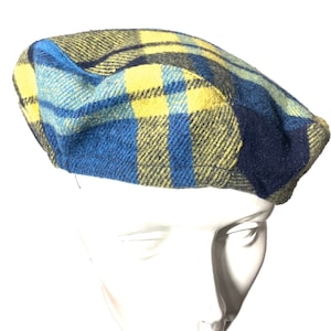 Diesel military style yellow/blue plaid wool beret / hat made in Italy, 90s NOS, 2 available