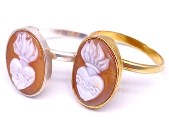 Sacred Heart of Jesus 925 silver cameo ring w real coral/shell ex voto, finest Italian jewelry 60s NOS