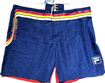 Fila signature colors navy / red swim shorts with embroidered logo and printed stripes, sizes L, XL