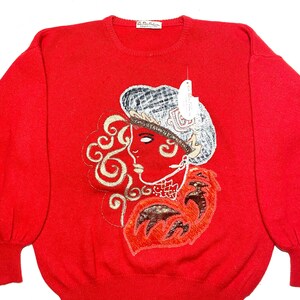 Ca.Ros 80s red angora knitted sweater with fancy hand embroidery of a fashionable lady, new with tags