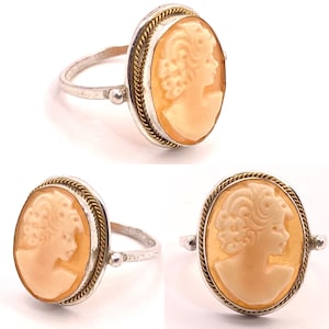 Victorian lady & flowers shell-coral cameo on a classic 925 silver decó style ring; classic Italian jewelry NOS 50s