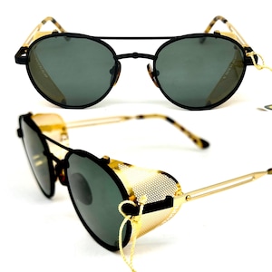 Rare lunettes de soleil rondes noires et dorées Charro fabriquées à la main en Italie, années 80 NoS