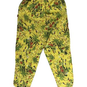Fiorucci cool yellow Aloha beach trousers w Palms, surfers and stars/moon allover, Italy 80s