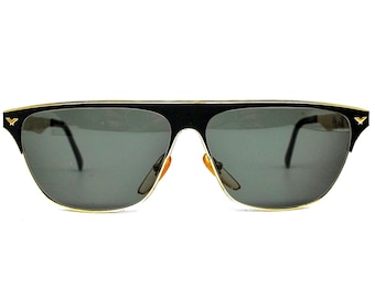 Vogart by Police m1026 trapezoid golden metallic  sunglasses in black with flat browline, 1980s NOS Italy