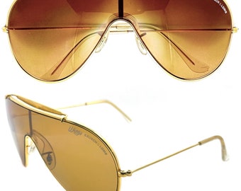 RayBan B&L wings golden metal mask aviator sunglasses w brown shield lens, NOS 80s mint