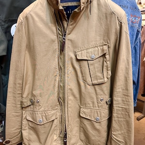Armani Jeans beige cotton canvas spring jacket w leather details, retro biker style, mint sz S