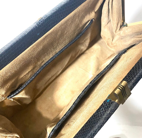 Black lizard hand bag with carved brass details, … - image 3