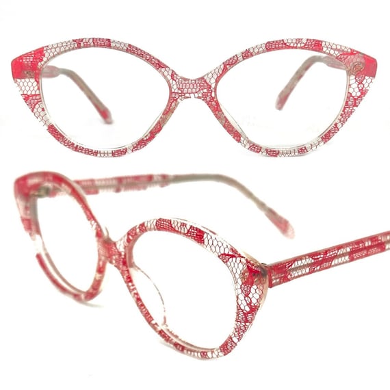 Fiorucci 218 clear cateye glasses frames w red la… - image 1