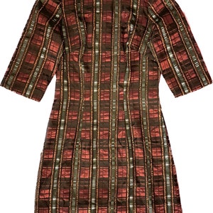 Tailor made tartan sheath dress in jacquard satin fabric, psz S/M, 1980s Italy