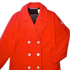 Murphy Nye red wool peacoat with warm tech lining & inox buttons, 90s Italy great condition