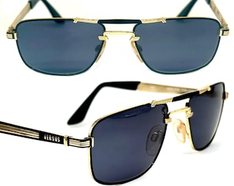 Versus Versace F04 gold/black rectangular double bridge sunglasses w carved details, NOS 90s Italy