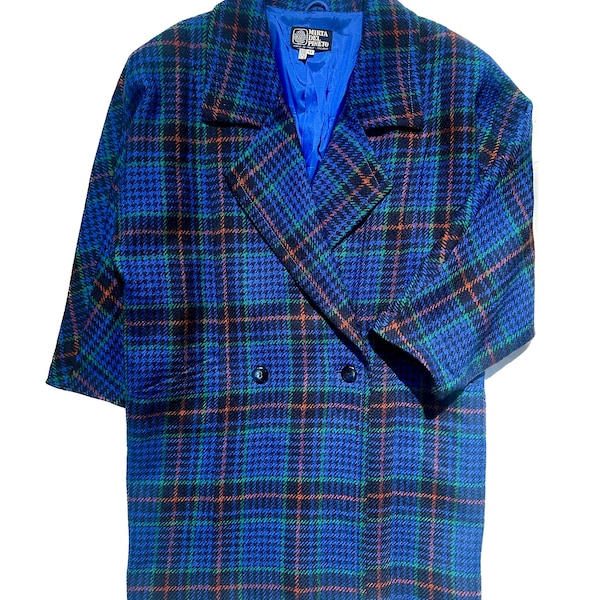 Mirta del Pineto classy blue plaid/ tartan pure new wool ladies coat sz 42 / M, mint