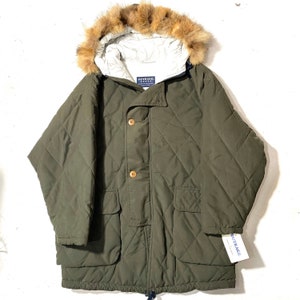 Outrage military green matelassè-quilted parka coat w fur hoodie, 1980s NOS with tags, mint