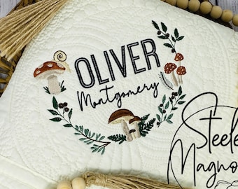 Mushroom Nursery Quilt Cottage Core Custom Baby Heirloom Quilt Embroidered Fairytale Baby Blanket Personalized Baby Blanket Baby Shower Gift