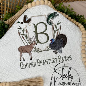Hunting Nursery Decor Mallard Baby Blanket Deer Hunting Nursery Turkey Custom Heirloom Quilt Embroidered Personalized Fishing Baby Shower
