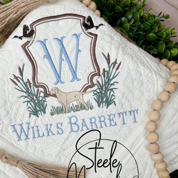 Labrador Mallard Duck Dog Baby Heirloom Quilt Hunting Nursery Custom Name Embroidered Blanket Personalized Baby Boy Blanket Baby Shower Mom
