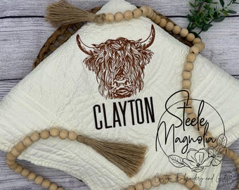 Highland Cow Baby Heirloom Quilt Custom Baby Blanket Embroidered Name Baby Quilt Personalized Baby Blanket Western Nursery Baby Shower Gift